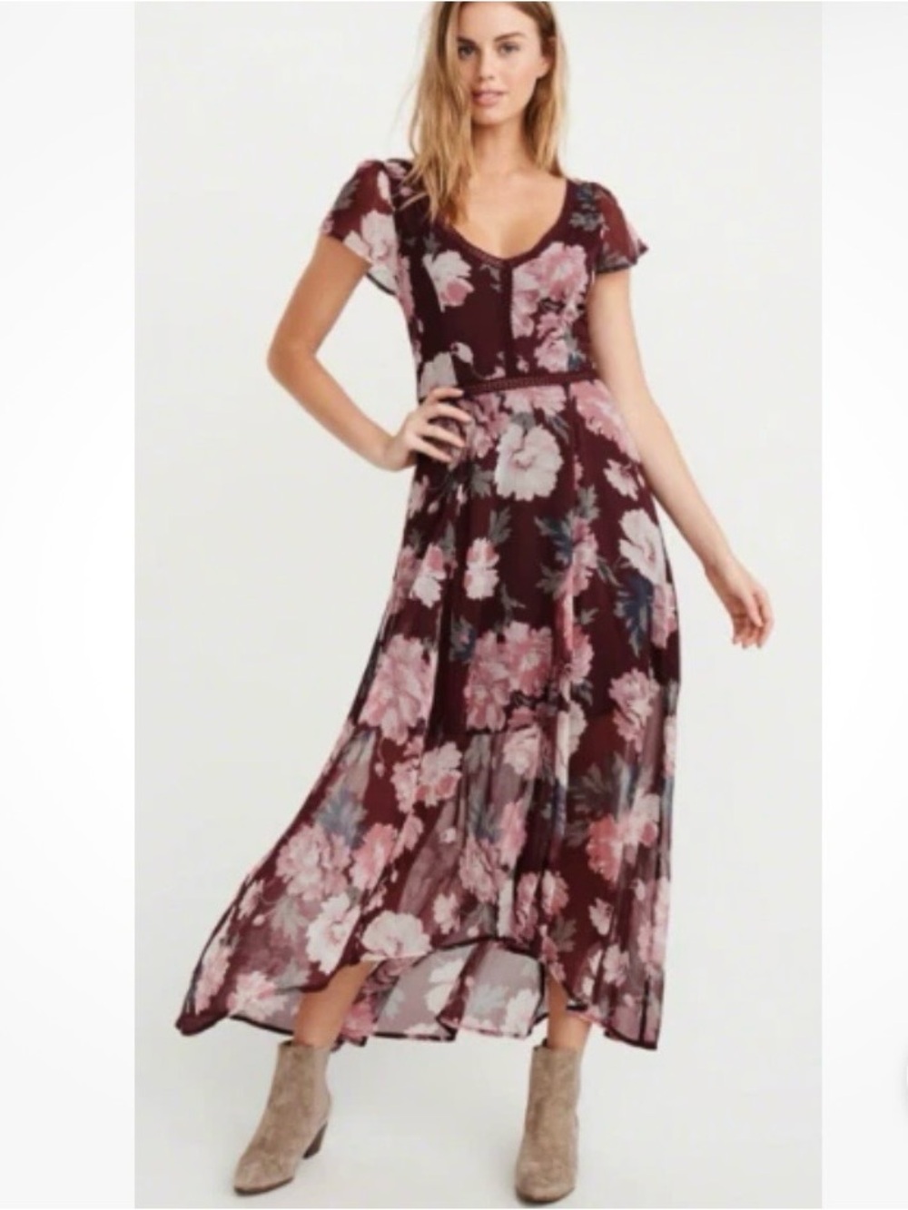 Abercrombie Fitch Floral Maxi Dress Women L Burgundy Lace Romantic Cottagecore